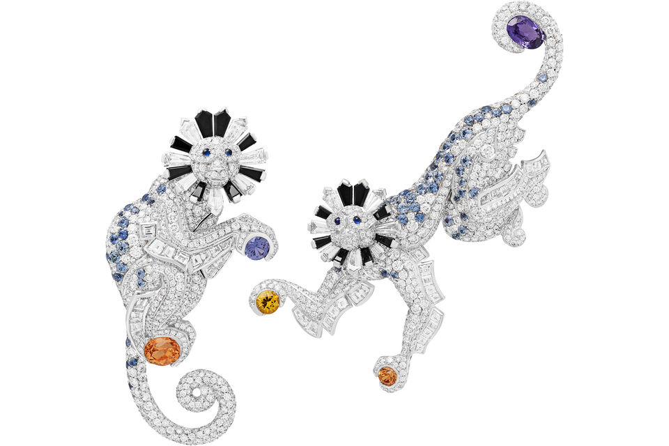 Van Cleef & Arpels, броши Singes из коллекции L'Arche de Noe, белое золото, бриллианты, оникс, цветные сапфиры, спессартины
