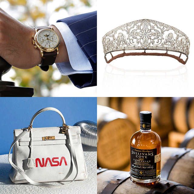 По часовой стрелке: Часы Patek Philippe 3970J, тиара, созданнав в 1905 году, виски Sullivans Cove American Oak Cask, сумка Hermes Kelly 1996 года