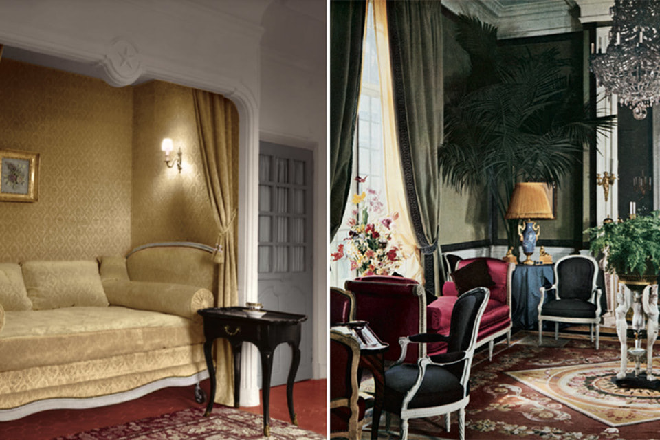 Слева: спальня Диора в поместье La Colle Noire; справа — интерьер личного номера в Парижском отеле в 16-м аррондисмане