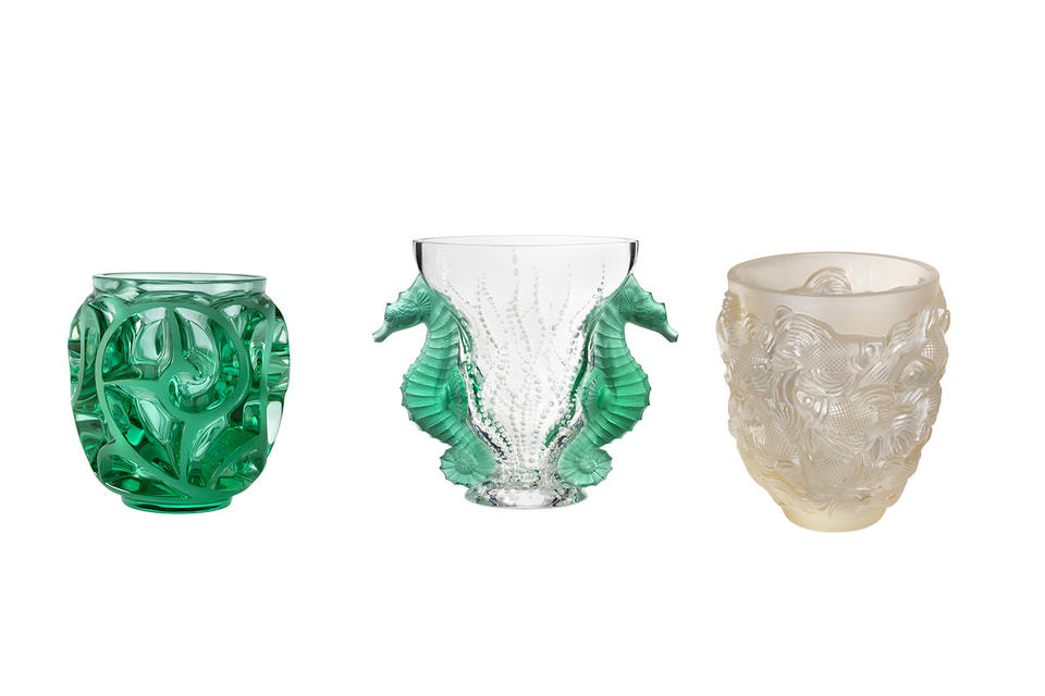 Вазы Lalique: Tourbillons, Посейдон и из янтарного хрусталя с рыбами