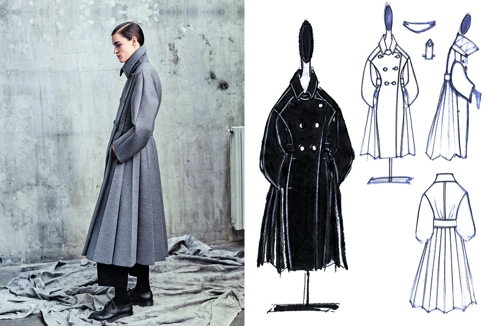 Модель Max Mara Atelier: эскиз (справа) и сама модель из шерсти и кашемира (слева)