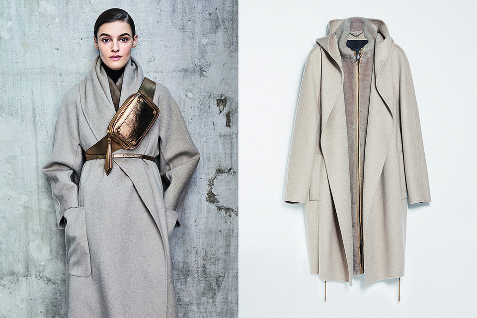 Классическое кашемировое пальто Max Mara Atelier как основа для современного дерзкого образа (слева) и пальто-трансформер (кашемир, ширлинг) (справа)