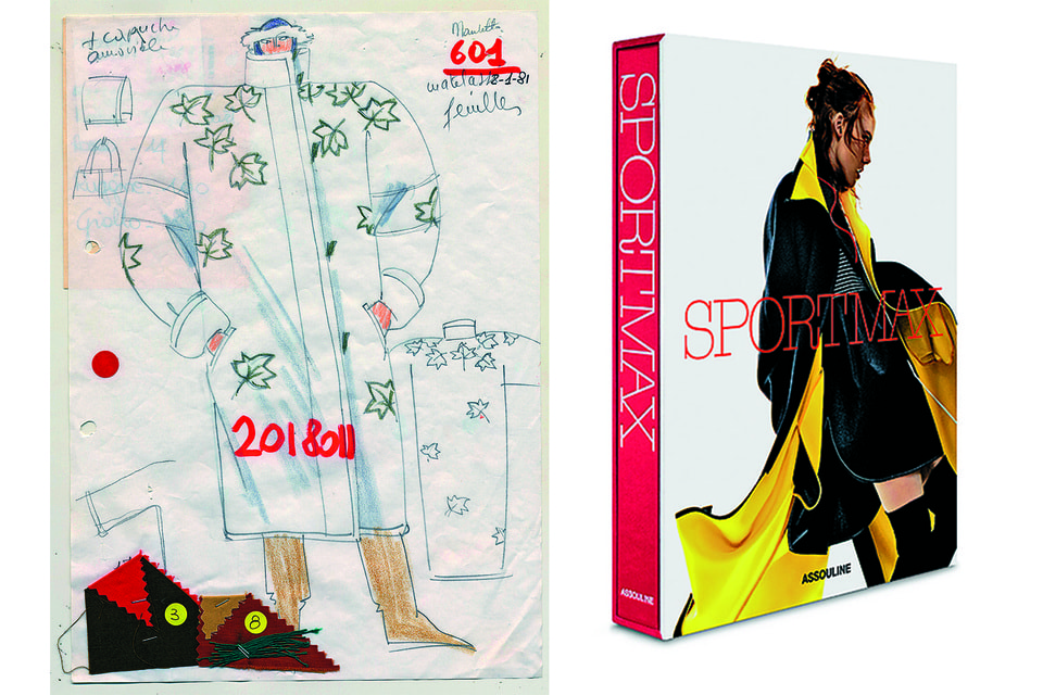 (слева) Эскиз коллекции осень-зима 1981 года, (справа) книга, выпущенная к юбилею бренда