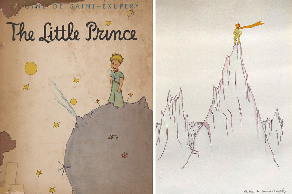 Обложка американского издания «Маленького принца» Антуана де Сент-Экзюпери 1943 года и лист из первого издания с подписью автора
