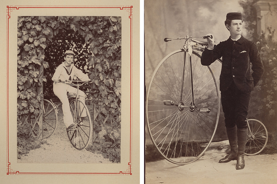 Юноша на велосипеде типа «костотряс», Петергоф, ок. 1870 г.; велосипед типа «Паук» или «Пенни-фартинг», ок. 1882 г. (справа)