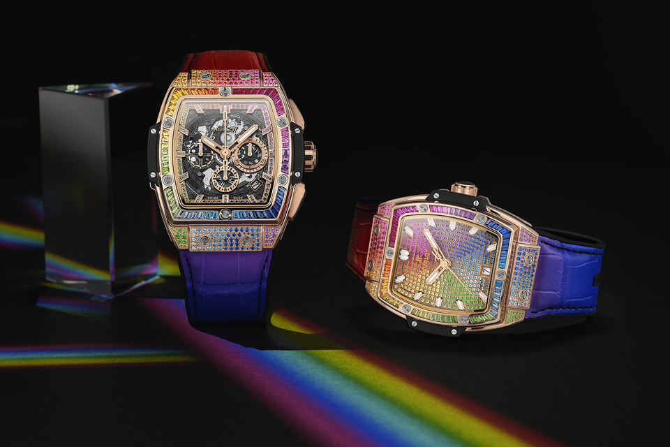 Обе модели Hublot Spirit of Big Bang Rainbow полностью декорированы цветными драгоценными камнями, которые образуют на циферблате и корпусе радужный спектр