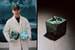 Дэниел Аршам со скульптурой The Bronze Eroded Tiffany Blue Box и ее прототипом – реальной коробочкой бренда фирменного голубого цвета
