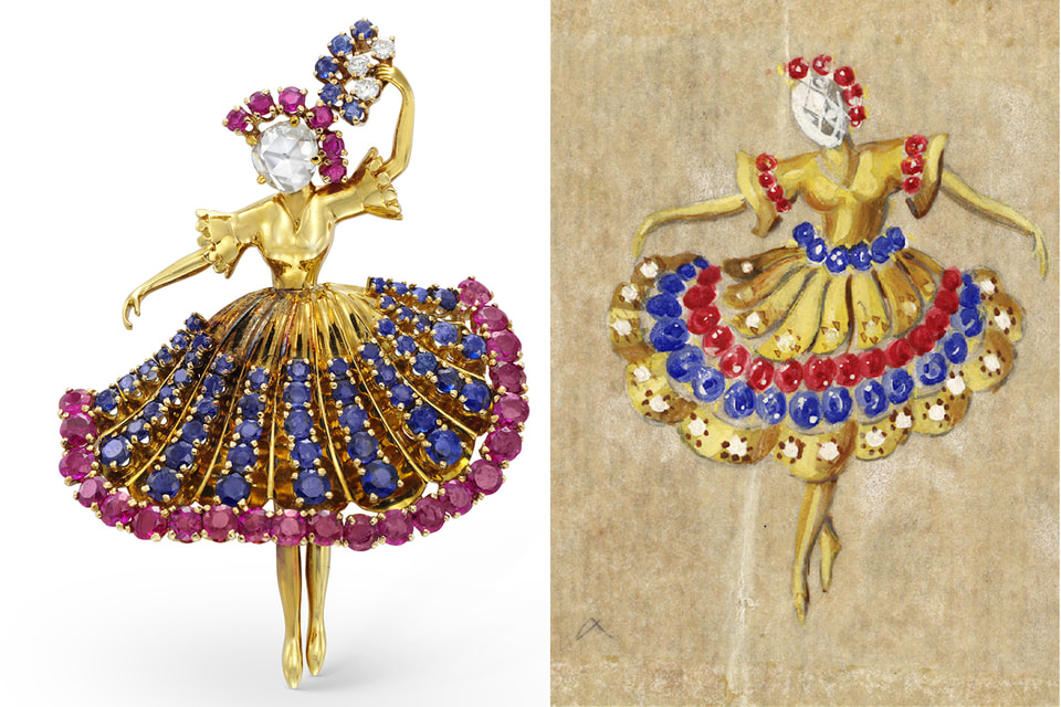 Брошь Ballerina 1945 года из желтого золота, рубиной, сапфиров и бриллиантов и эскиз, по которому она была выполнена