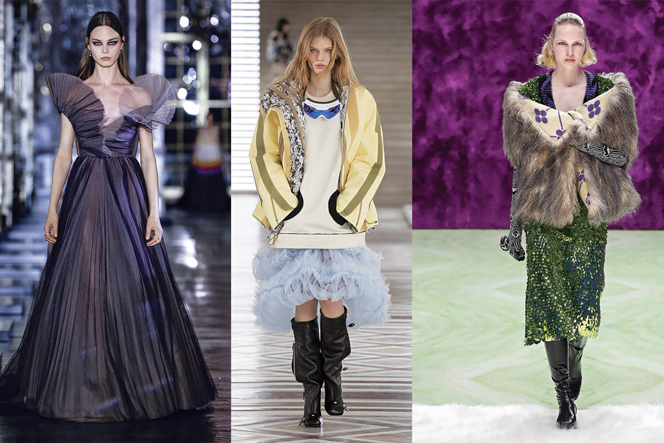 (слева направо) Неоньюлук от Dior из коллекции Haute Couture 2022; на стыке комфорта и гламура, Louis Vuitton, осень-зима 2021/22; Prada, сезон осень-зима 2021/22