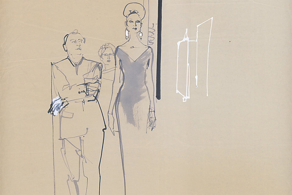 Одна из первых работ художника для модных шоу – французский кутюрье Ив Сен-Лоран (на заднем плане) с моделью за кулисами показа