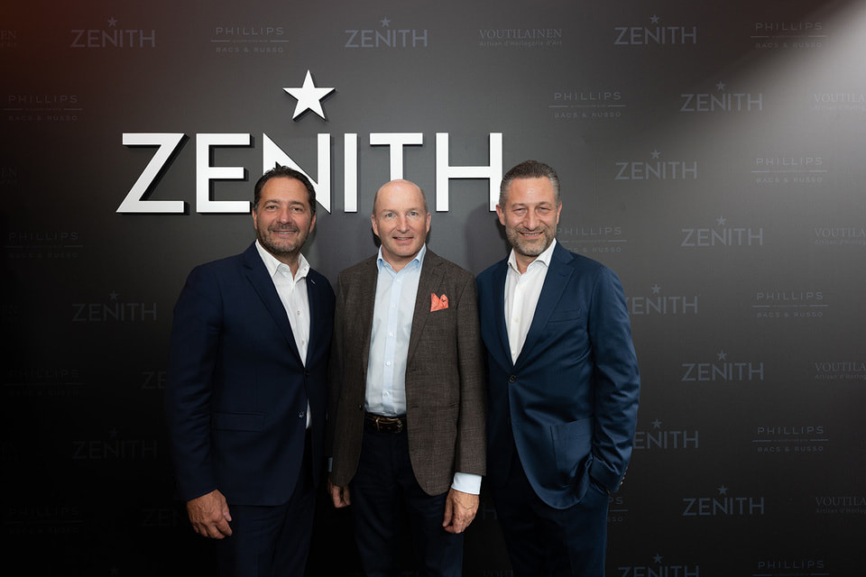 Президент Zenith Жюльен Торнар, часовщик Кари Вутилайнен и Аурел Бакс, аукционист Bacs &amp; Russo на премьере проекта в Швейцарии