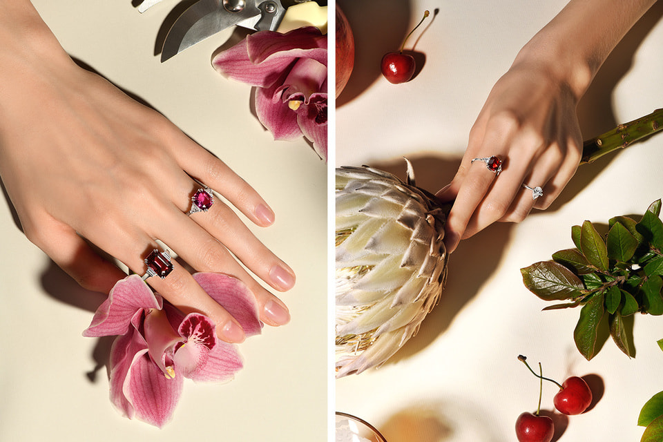 Кольца со шпинелями алых и вишневых оттенков в Parure Atelier предлагают смело сочетать между собой и дополнять бесцветными бриллиантами