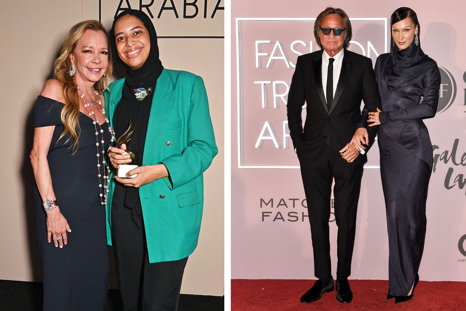 На фото слева: Каролина Шойфеле, сопрезидент Chopard, и Фатма Мостафа, победительница в категории Jewelry Award; на фото справа – бизнесмен Мохамед Хадид c дочерью – супермоделью Беллой Хадид