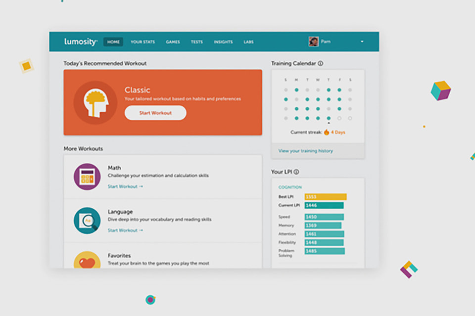 Lumosity: развитие умственных способностейLumosity разработал ряд заданий для тренировки памяти, мышления, навыков решения задач, которые подаются в игровом формате. Задания подбираются индивидуально, на основе личностных сильных и слабых сторон. Как правило, пользователи тратят на приложение около 15 минут в день, после чего получают обратную связь с рекомендациями по дальнейшему развитию и ценные инсайты о познавательной способности. 