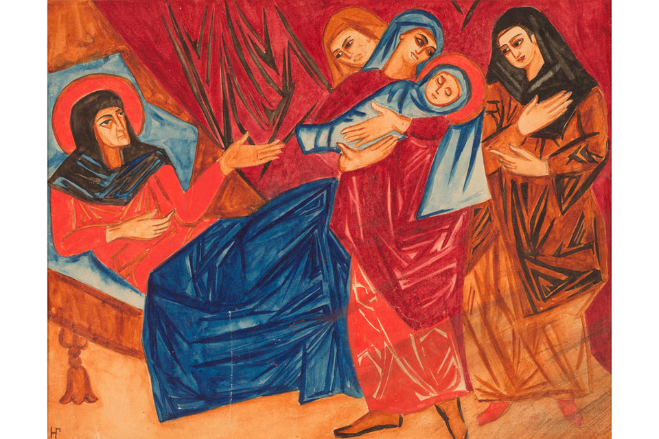На выставке представлены работы учеников Коровина. Среди них – акварель с графитом «Рождество Богородицы» Натальи Гончаровой, 1909-1910 гг.