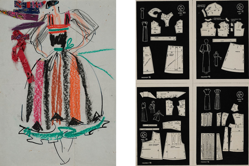 Эскиз летнего женского платья (80-е гг) и чертежи выкроек из первого выпуска журнала «Дом моделей» 1936 года