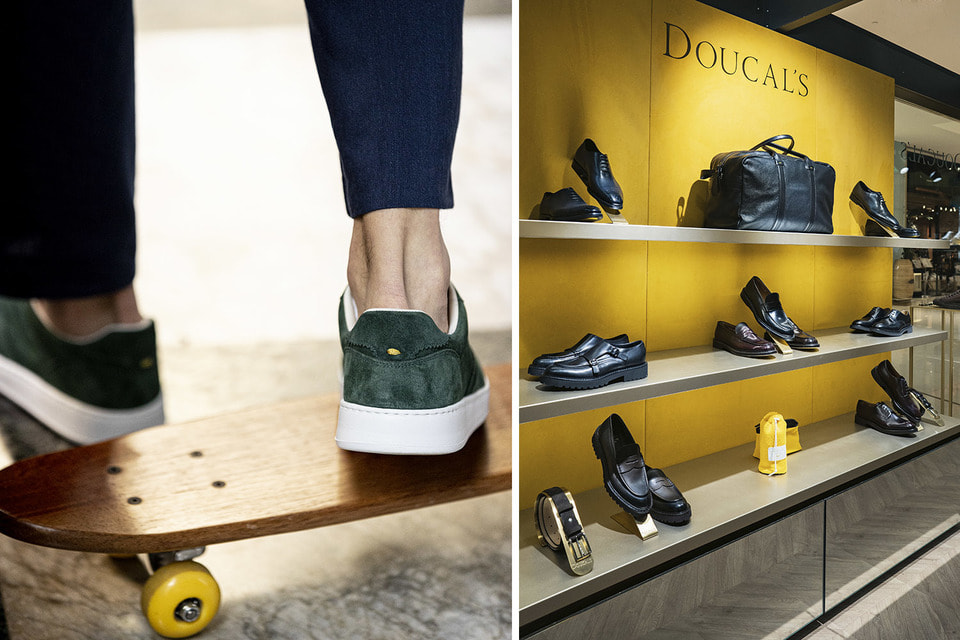 Кроссовки «Хью» – прямой отсыл к субкультуре скейтеров (слева). Интерьер нового бутика Doucal’s в Дохе.