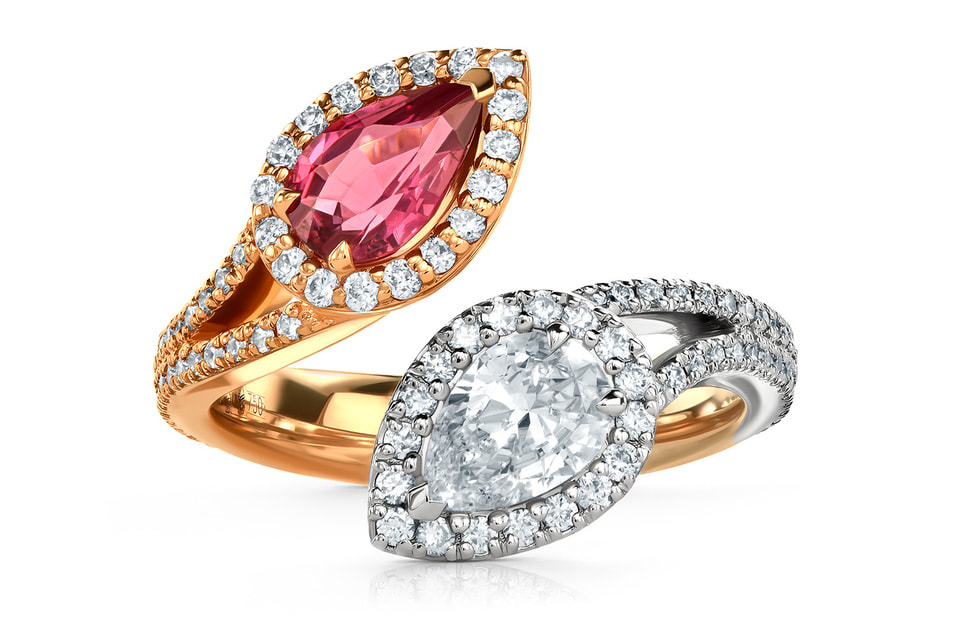 Разомкнутое кольцо со шпинелью Махенге и белыми бриллиантами огранки «груша», розовое и белое золото, бриллианты, Parure Atelier