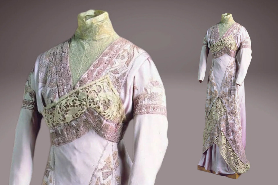 Платье визитное, мастерская А. Гиндус, 1910-е гг., шелк, кружево, синель