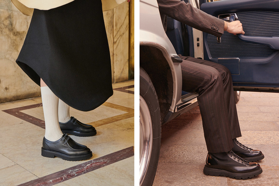 Дерби выполненные в стиле преппи (слева) и ключевая модель новой коллекции Doucal’s – ботинки Goteborg