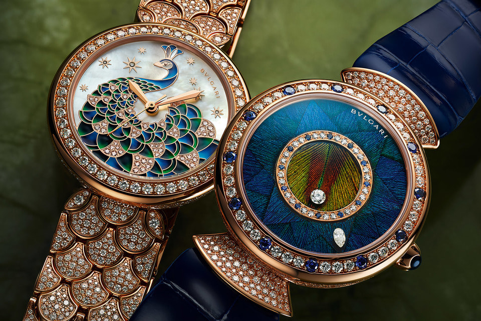 Модели часов Mothers-of-Pearl Marquetry и Precious Marquetry из коллекции Bulgari Divas' Dream Peacock 