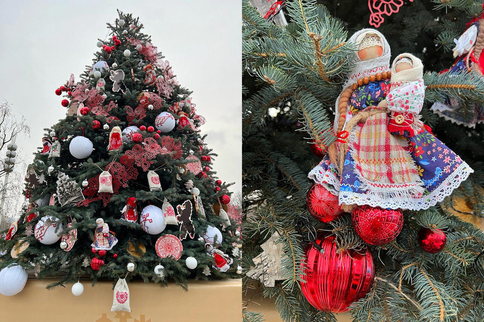 На елке размещены изделия ручной работы, выполненные карельскими мастерами: шары с традиционными узорами, обереги, мешочки с карельской вышивкой