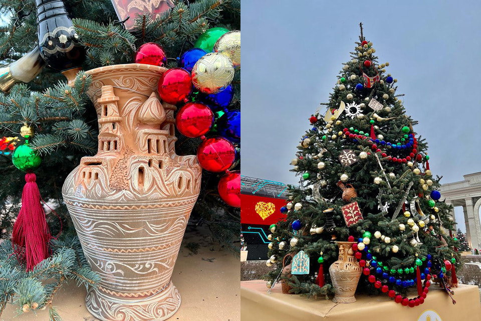 На елке из Дагестана можно видеть балхарскую керамику, унцукульские деревянные изделия, ковры