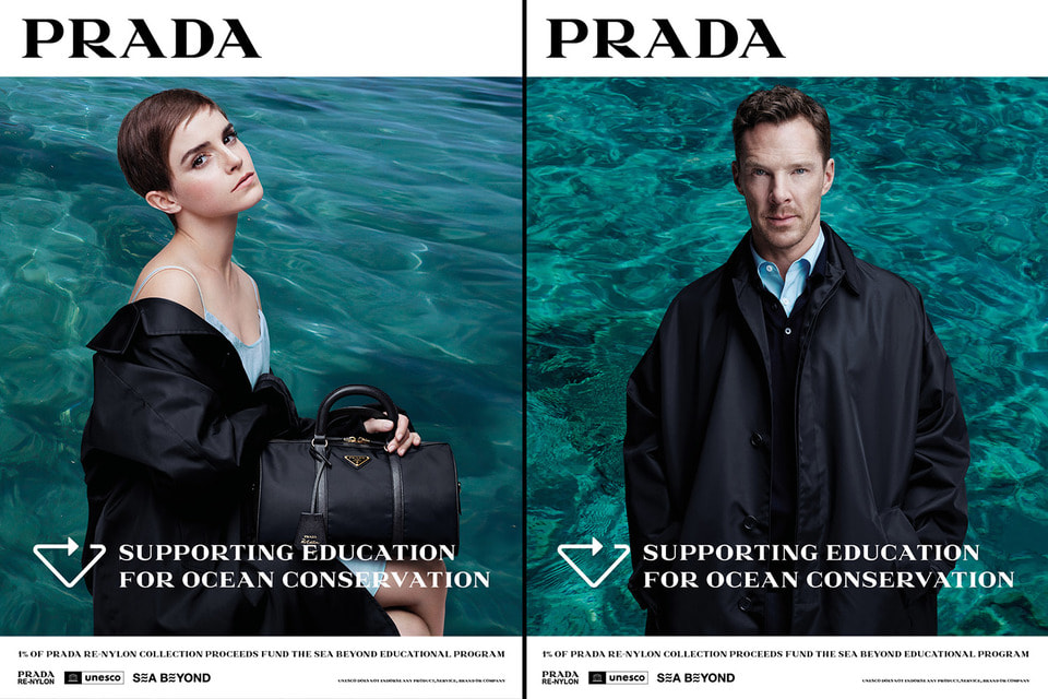 Кадры из рекламной кампании Prada Re-Nylon 2024 года с участием Эммы Уотсон и Бенедикта Камбербэтча