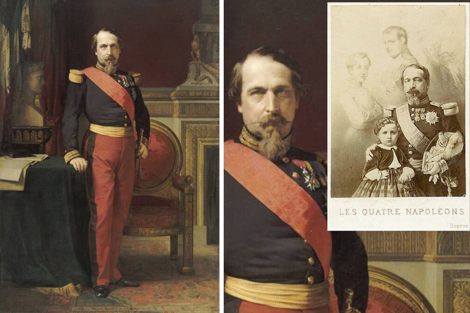 Наполеон III Бонапарт, 1862 г, Жан Ипполит Фландрин. В правом углу – открытка «Четыре Наполеона» с наследником престола Наполеоном Эженом