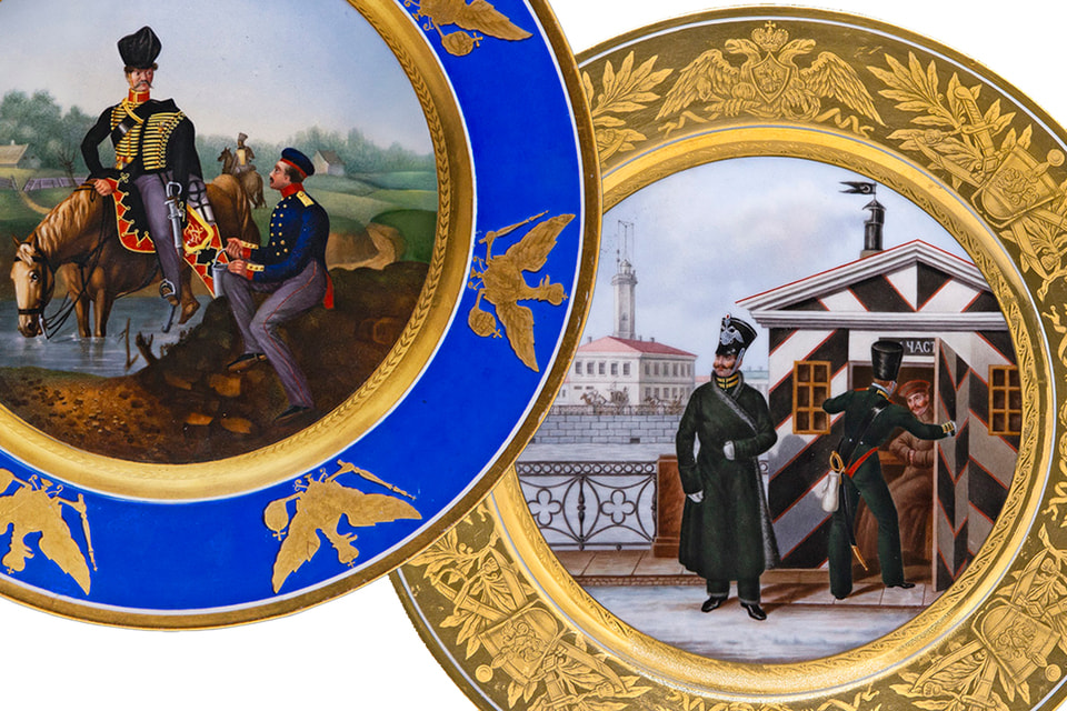 Тарелки с изображением нижних чинов Прусской королевской армии (слева) и нижних чинов гвардейских Инвалидных рот. Императорский фарфоровый завод, 1831 и 1835 гг.